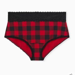 TORRID BUFFALO PLAID RED & BLACK WIDE LACE COTTON BRIEF PANTY